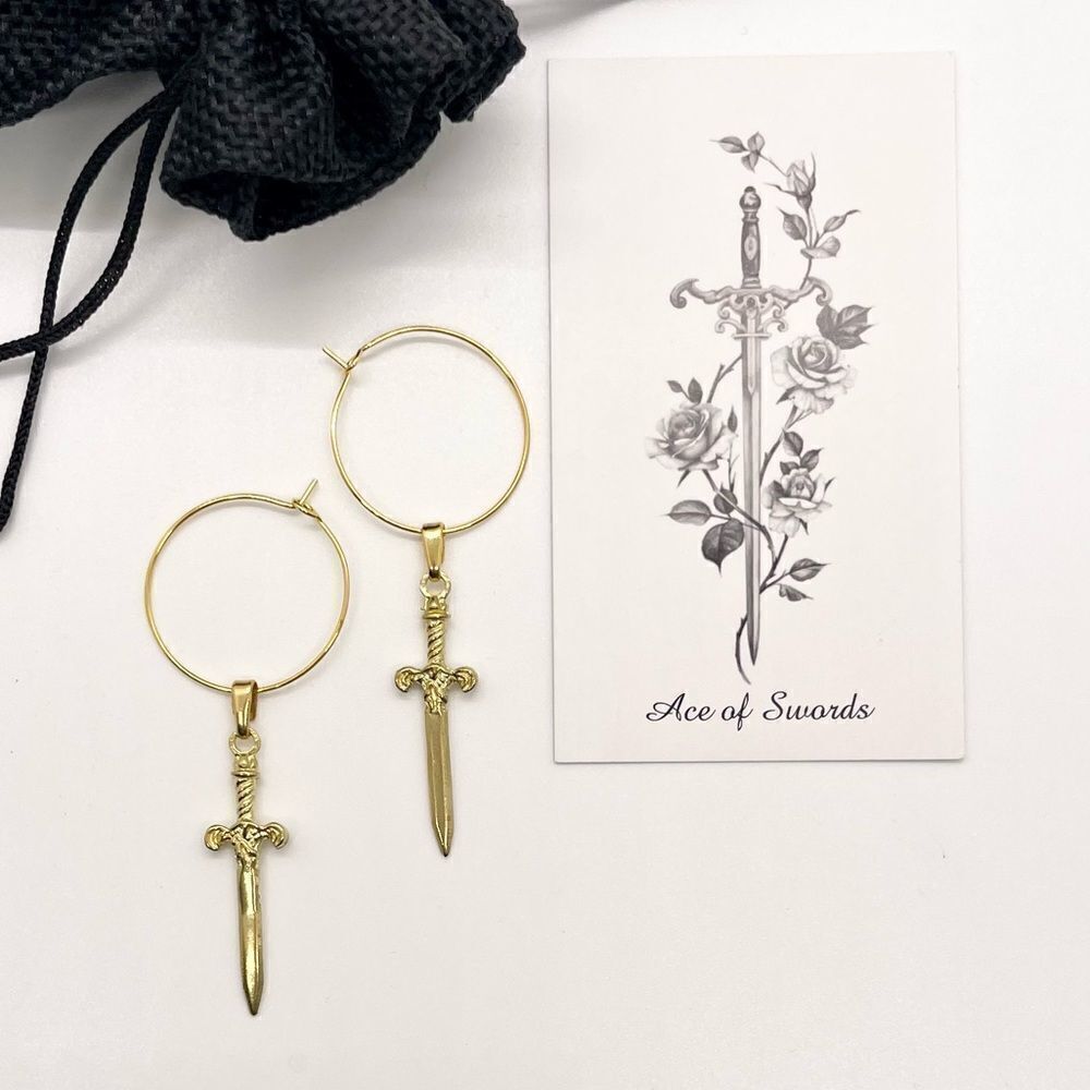 Medium 14k Gold Drop Hoop Earrings with Excalibur Sword Pendants